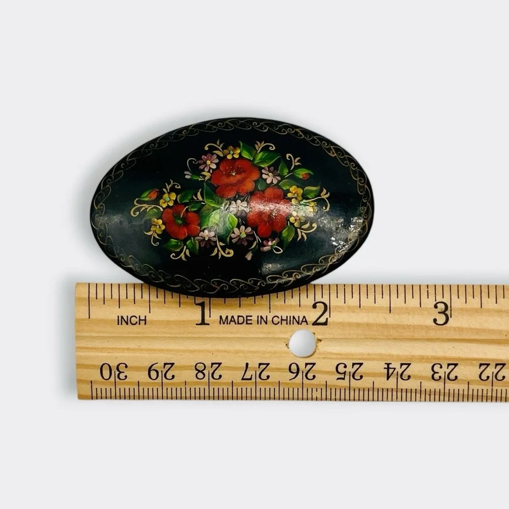 Vintage Russian Floral Oval Brooch Flower Red Roses Black Lacquer Signed Gold